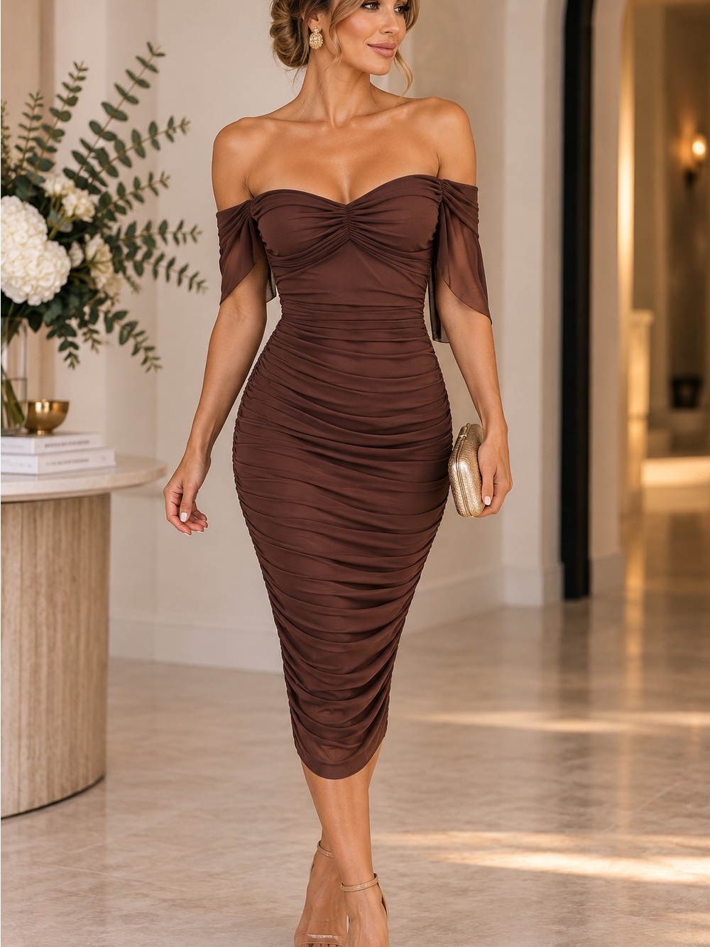 bebe Chocolate Brown Off Shoulder Ruched Midi Dress